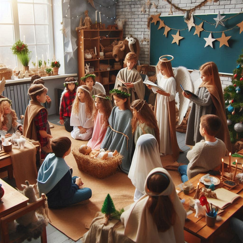 Crianças em uma sala de aula decorada para o Natal, participando de uma dramatização do presépio