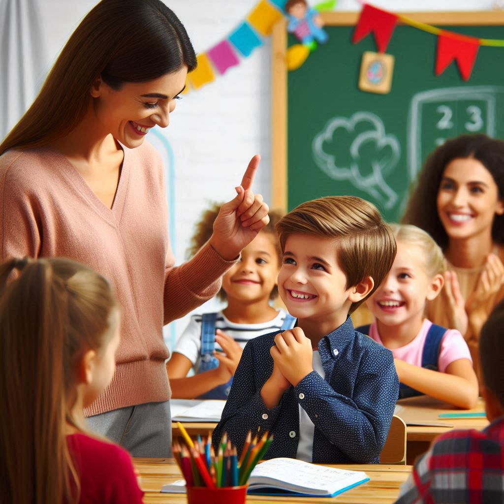 Uma sala de aula com varias criancas onde uma delas esta sendo elogiada pelo professor enquanto entrega uma tarefa feita corretamente