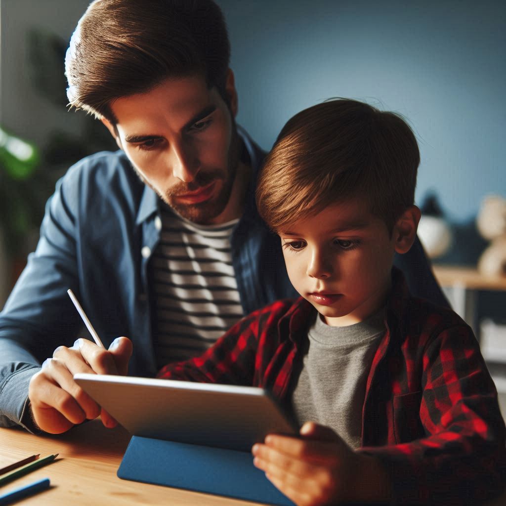 criança em idade escolar interagindo com um tablet educativo